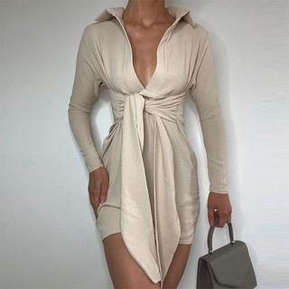 Plain Polo Neck Tie Waist Dress