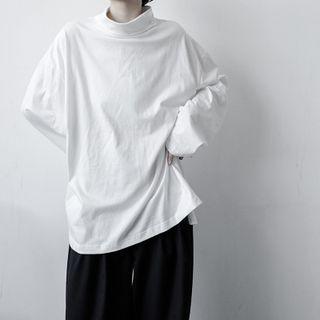 Long-sleeve High-neck Plain T-shirt