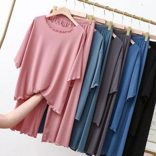 Loungewear Set: Elbow-sleeve Lettuce Edge Top + Pants