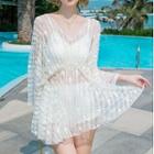 Set: Ruffle Trim Bikini Top + Bottom + Lace Cover-up Top
