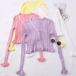 Ruffled-trim Button-down Crop Knit Top In 7 Colors