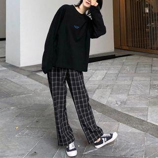 Set: Lettering Pullover + Plaid Straight Fit Pants