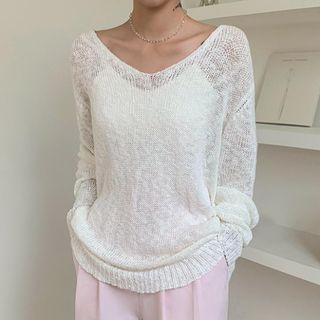 V-neck Linen Blend Long Knit Top