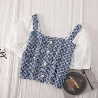 Balloon-sleeve Patterned Paneled Blouse Blouse - As Shown In Figure - One Size