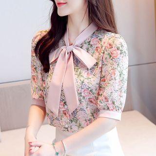 Elbow-sleeve Bow Floral Print Blouse