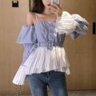 Striped Off-shoulder Lantern-sleeve Blouse