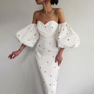 Puff-sleeve Off-shoulder Strawberry Embroidered Midi Sheath Dress