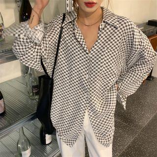 Long-sleeve Gingham Shirt Check - Gray & White - One Size