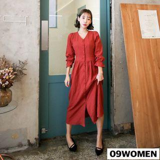 Plus Size Frill-sleeve Textured Midi Shirtdress