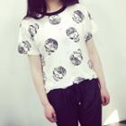 Set: Skull Print Ripped Short-sleeve T-shirt + Cropped Drawstring Pants