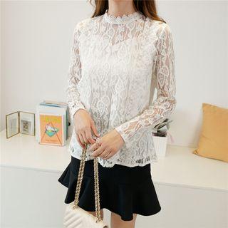 Long-sleeve Ruffled Fleece-lined Lace Top