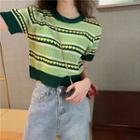 Short-sleeve Heart Pattern Knit Top Avocado Green - One Size