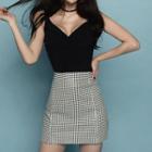 Set: Strappy Camisole Top + Plaid Fitted Skirt