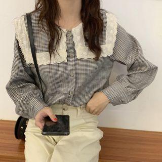 Lace Trim Sailor Collar Plaid Blouse