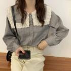 Lace Trim Sailor Collar Plaid Blouse