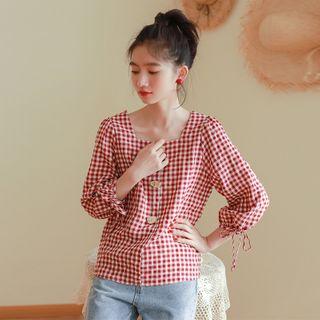 Long-sleeve Square-neck Plaid Blouse Plaid - Red - One Size