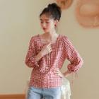 Long-sleeve Square-neck Plaid Blouse Plaid - Red - One Size