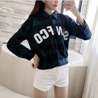 Long-sleeve Lettering Check Blouse Green - One Size