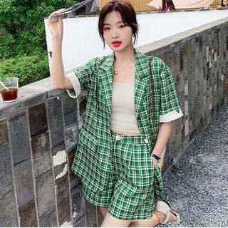 Set: Short Sleeve Plaid Two Button Blazer + High Waist Shorts