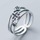 925 Sterling Silver Cross & Flower Layered Open Ring S925 Silver - Silver & Black - One Size