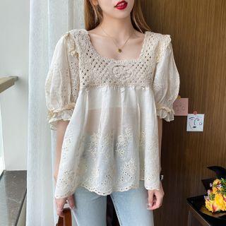 Patchwork Square-neck Loose Blouse Almond - One Size