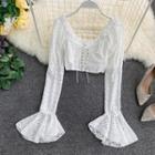 Long-sleeve Eyelet Lace Crop Top White - One Size