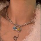 Rhinestone Gemstone Pendant Necklace Blue & Yellow Gemstones - Silver - One Size