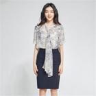 Tie-neck Printed Chiffon Blouse Navy Blue - One Size