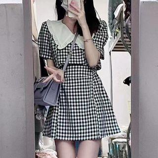 Short-sleeve Wide Collar Gingham Check Mini A-line Dress Black & White - One Size