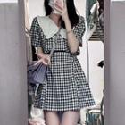Short-sleeve Wide Collar Gingham Check Mini A-line Dress Black & White - One Size