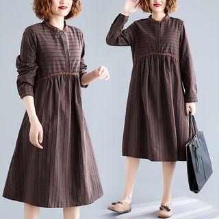 Striped Stand-collar Medium Maxi Dress