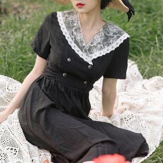 Short-sleeve Double-breasted Midi A-line Dress Black - One Size