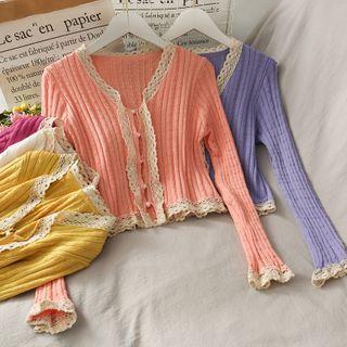 Lace-trim Crop Knit Cardigan In 8 Colors