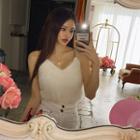 Chain-strap V-neck Fluffy Knit Top