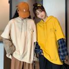 Mock Two-piece Plaid-sleeve Hoodie