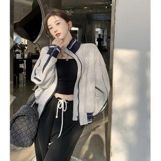 Loose-fit Colorblock Baseball Jacket Gray - One Size