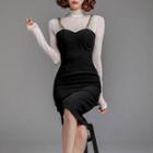 Long-sleeve Mock Two Piece Midi Sheath Dress