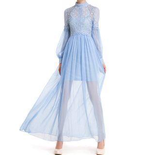 Set: Long-sleeve Lace Panel Maxi A-line Dress + Slipdress