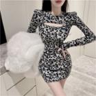 Long-sleeve Leopard Print Cutout A-line Dress Leopard - Gray - One Size