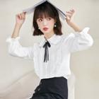 Bell-sleeve Bow Accent Plain Pleated Blouse