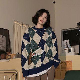 Alligator Embroidered Argyle Sweater