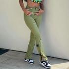 High-waist Buckle Accent Plain Straight Leg Pants