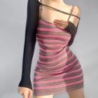 Set: Spaghetti Strap Ribbed Striped Knit Dress + Shrug