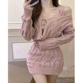 Set : Suspender Knit Dress + Cardigan Set Of 2 - Cardigan & Dress - Pink - One Size