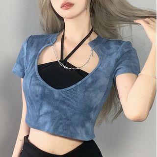 Set: Short-sleeve Chained Tie-dye Crop Top + Halter Camisole
