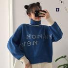 Cropped Turtleneck Lettering Sweater