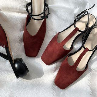 Faux Leather T-bar Low Heel Mules