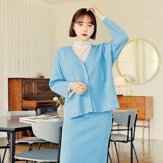 Set: V-neck Pocket-detail Cardigan + Band-waist Knit Skirt
