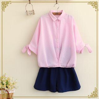 Elbow-sleeve Striped Blouse