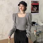 Square-neck Plain Striped Loose-fit Sweater Gray - One Size